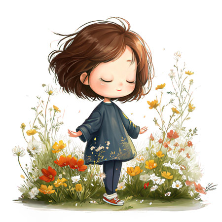 Illustration of a cute little girl with long brown hair in a field of flowersの素材