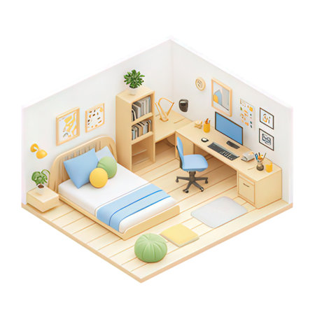 Bedroom isometric composition with furniture and computer on the floor vector illustrationの素材