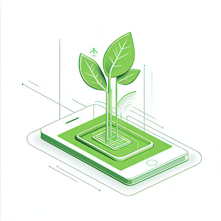 Smartphone with green plant on the screen. Isometric vector illustration.の素材