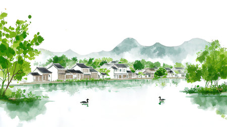 Landscape of Chinese traditional houses and pond, watercolor painting.の素材