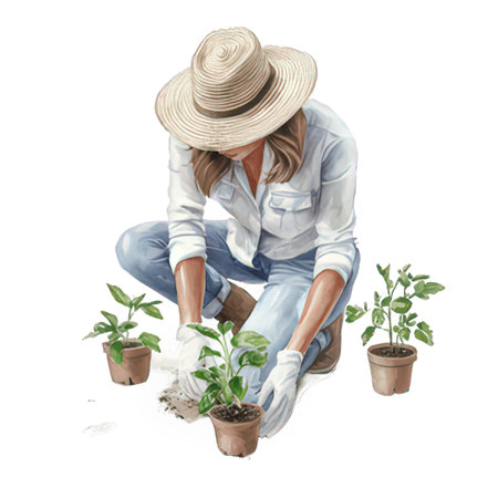 Gardening concept. Woman in hat taking care of plants, isolated on white backgroundの素材