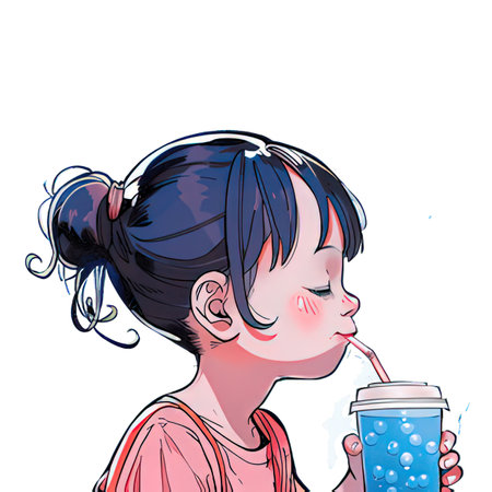 Cute girl drinking water from a plastic cup. Vector illustration.の素材