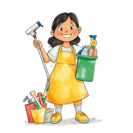 Illustration of a young housewife with cleaning equipment on a white backgroundの素材