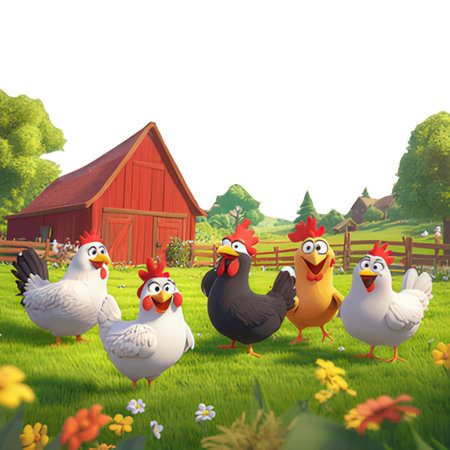 Cartoon farm scene with chicken and rooster - illustration for childrenの素材