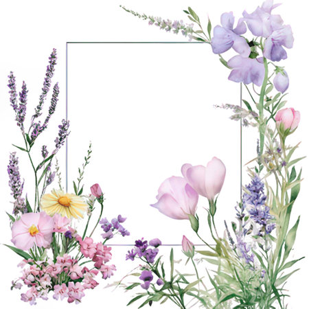 Watercolor bouquet with wildflowers and lavender on white backgroundの素材