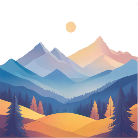 Landscape with mountains, forest and sun. Vector illustration for your designの素材