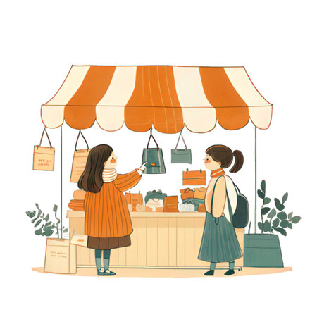 Vector illustration of a woman at the counter in a shop with bagsの素材
