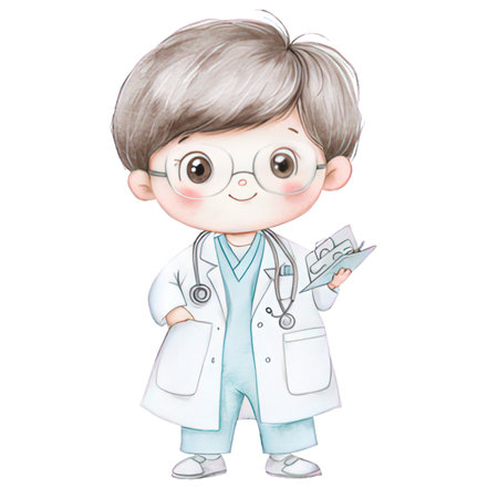 cute boy doctor with stethoscope and glasses on white backgroundの素材