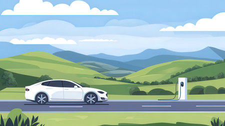 Electric car charging on the road in the mountains. Vector illustration.の素材