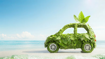 Green car on the beach with green leaves as a symbol of ecologyの素材