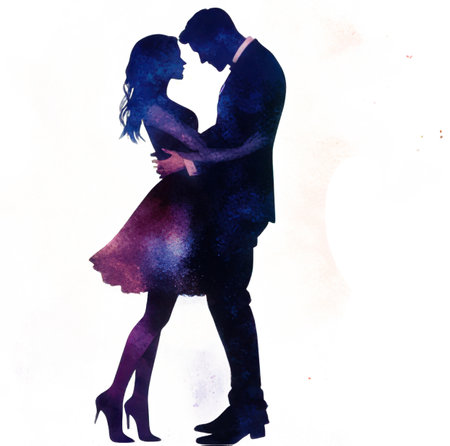 Silhouette of a young couple in love. Watercolor illustration.の素材
