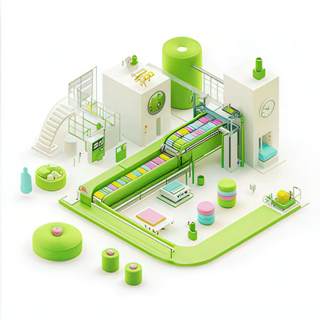 Modern factory interior with conveyor belt. Isometric vector illustration.の素材