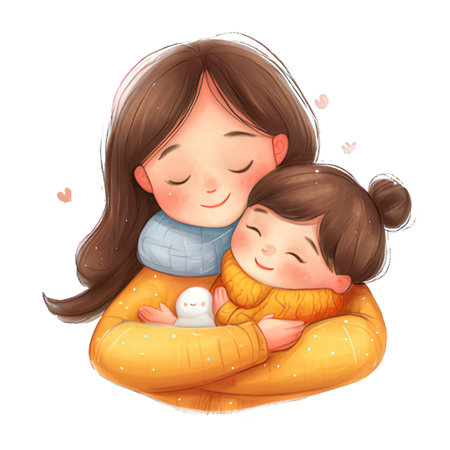 Mother and daughter hugging. Watercolor illustration isolated on white background.の素材