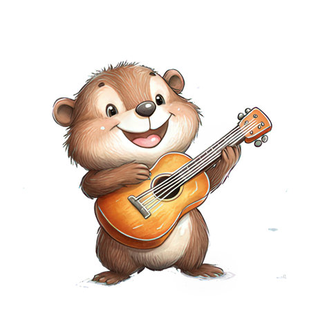 cute hamster playing guitar on white background - illustration for childrenの素材
