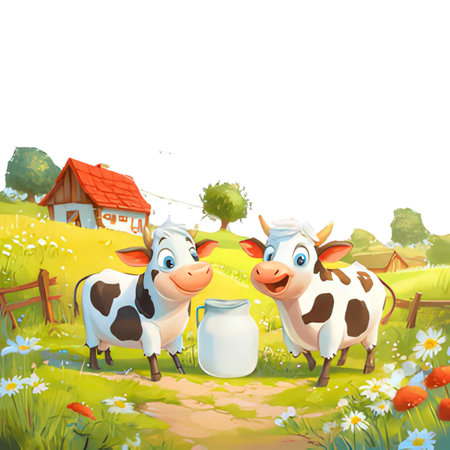 cartoon happy cow with milk in the farm - illustration for childrenの素材