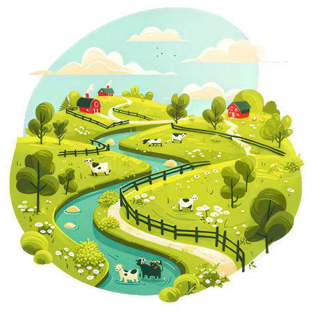 Country landscape with green meadows, fields and cows. Vector illustrationの素材