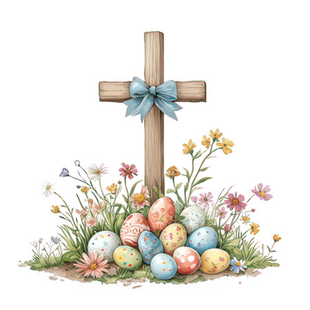 Easter card with cross and easter eggs. Vector illustration.の素材