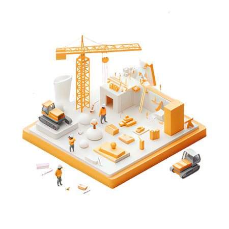 Construction site with cranes and workers. Isometric vector illustration.の素材