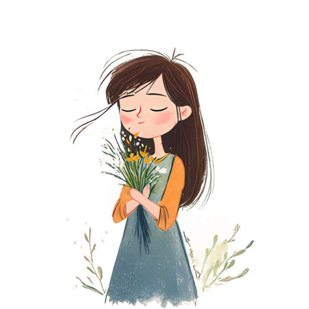 Illustration of a young woman holding a bouquet of flowers.の素材