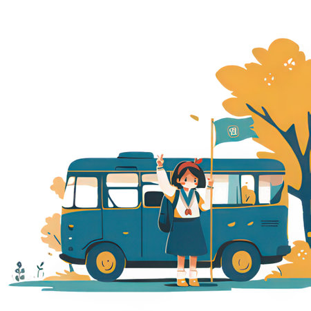 Vector illustration of a schoolgirl with a flag in her hand and a bus.