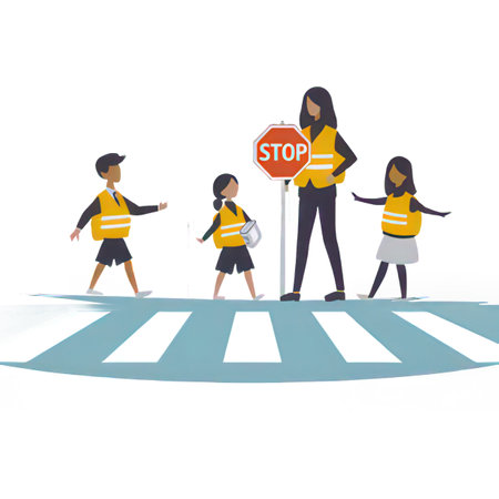 Vector illustration of children crossing the road with traffic sign and police.の素材