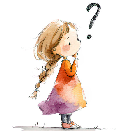 Little girl with question mark. Hand drawn watercolor illustration on white backgroundの素材