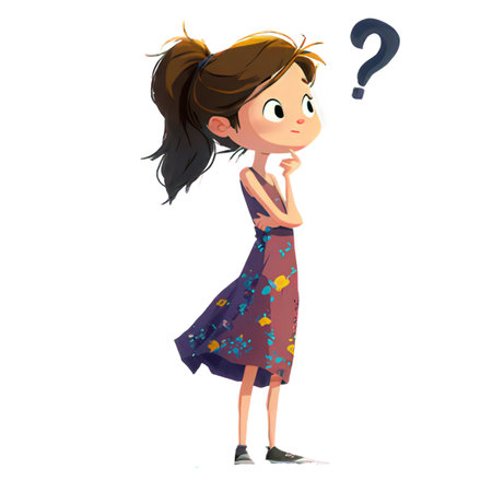 Cartoon girl with question mark on white background. Vector illustration.の素材