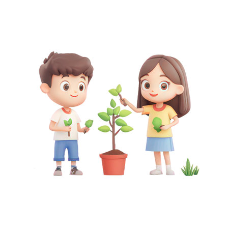 Cute little boy and girl planting a tree, vector illustration.の素材