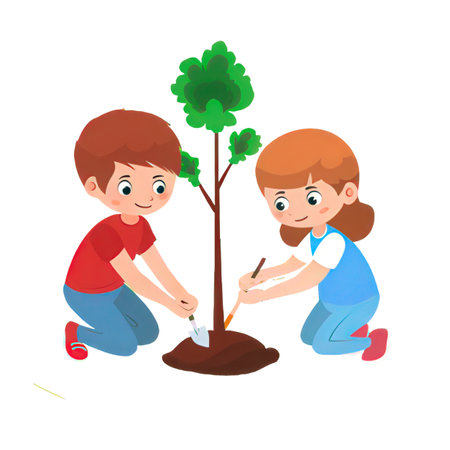 Cute little children, boy and girl, planting tree vector Illustration isolated on a white background.の素材