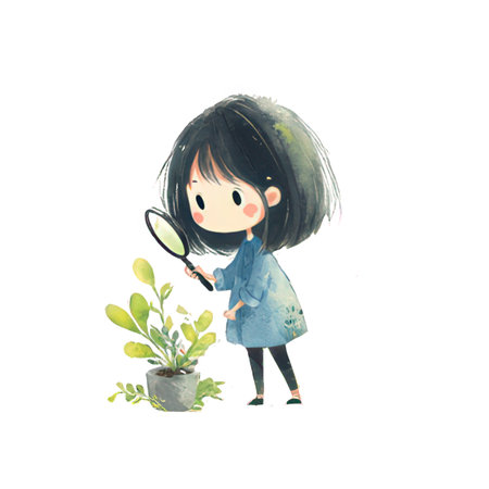 Cute little girl with magnifying glass and plant. Watercolor illustration.の素材