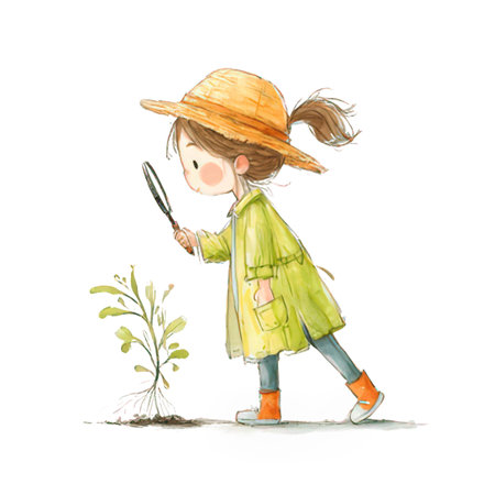 Illustration of a little girl with a magnifying glass and a plantの素材
