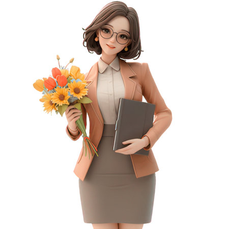 3d illustration of businesswoman with notebook and bouquet of flowersの素材