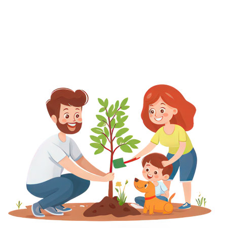 Happy family planting tree. Father, mother and son planting a tree. Vector illustrationの素材