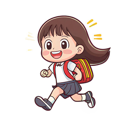 Cute little girl running with backpack. Cartoon vector illustration isolated on white background.の素材