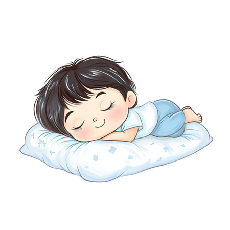 Illustration of a cute little boy sleeping on a pillow on a white backgroundの素材