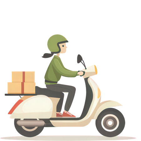 Delivery man on scooter with boxes. Flat style vector illustration.の素材