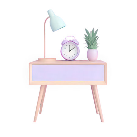 Illustration of a wooden table with a lamp and a plant.の素材