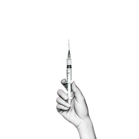 Syringe in the hand of a doctor on a white background.の素材