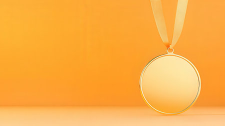 Gold medal with ribbon on orange background. 3d render illustration.の素材