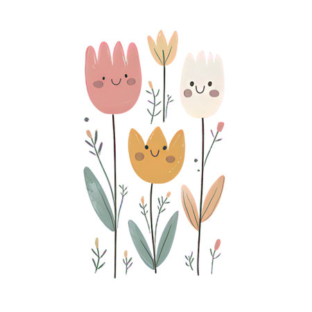 cute flowers with branches and leaves kawaii character vector illustration designの素材