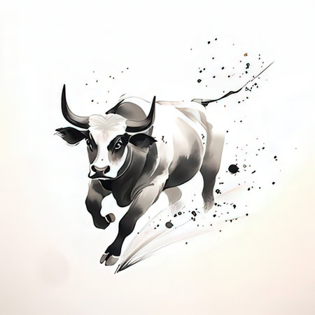 abstract black and white illustration of a cow on a white backgroundの素材