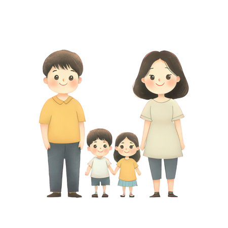 Happy family. Mother, father, son and daughter isolated on white background.の素材