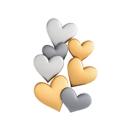 3d render of golden and silver hearts on white background with shadowの素材