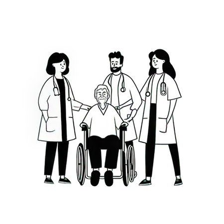 Vector illustration of a group of doctors with a patient in a wheelchair.の素材