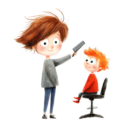 Boy hairdresser and boy. Hand drawn watercolor illustrationの素材