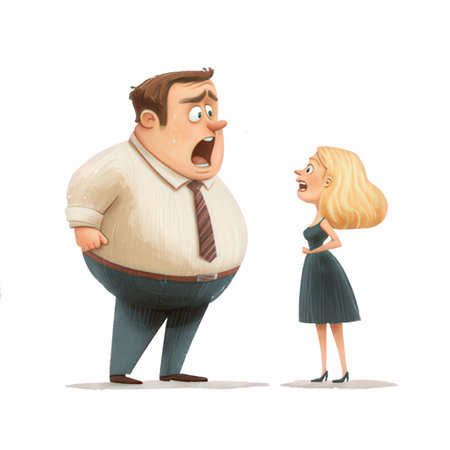 Cartoon illustration of a businesswoman scolding a fat man.の素材