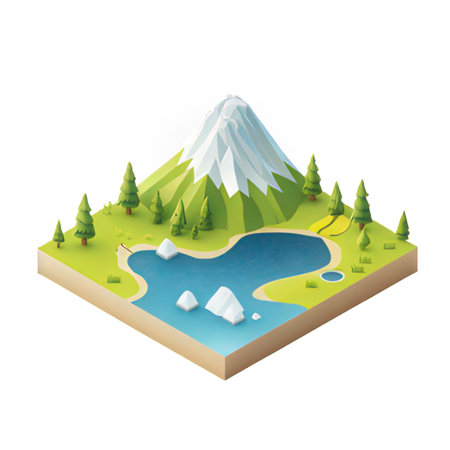 isometric landscape with mountains, lake and forest. Vector illustration.の素材