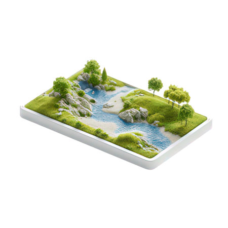 Smartphone with green grass and trees on white background.の素材