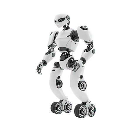 Robot with roller skates isolated on white background. 3d rendering.の素材