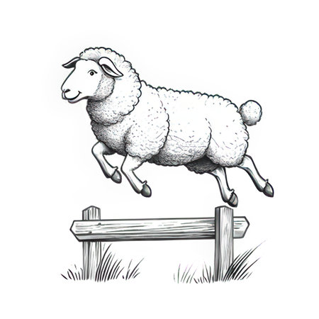 Sheep jumping over a hurdle, sketch vector graphics monochrome illustrationの素材